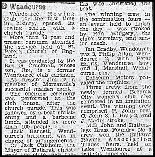 Wendouree Rowing Club newspaper article