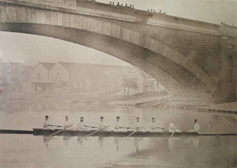 1875 Civil Service crew under the old Princes Bridge - winners of the first eight oared race in Australia.