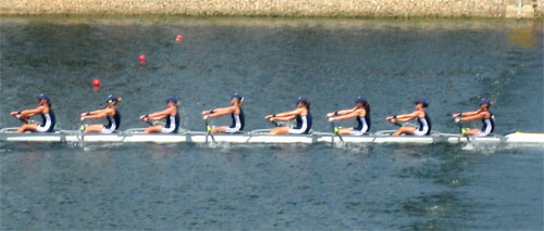 The Victorian crew crossing the finish line to win